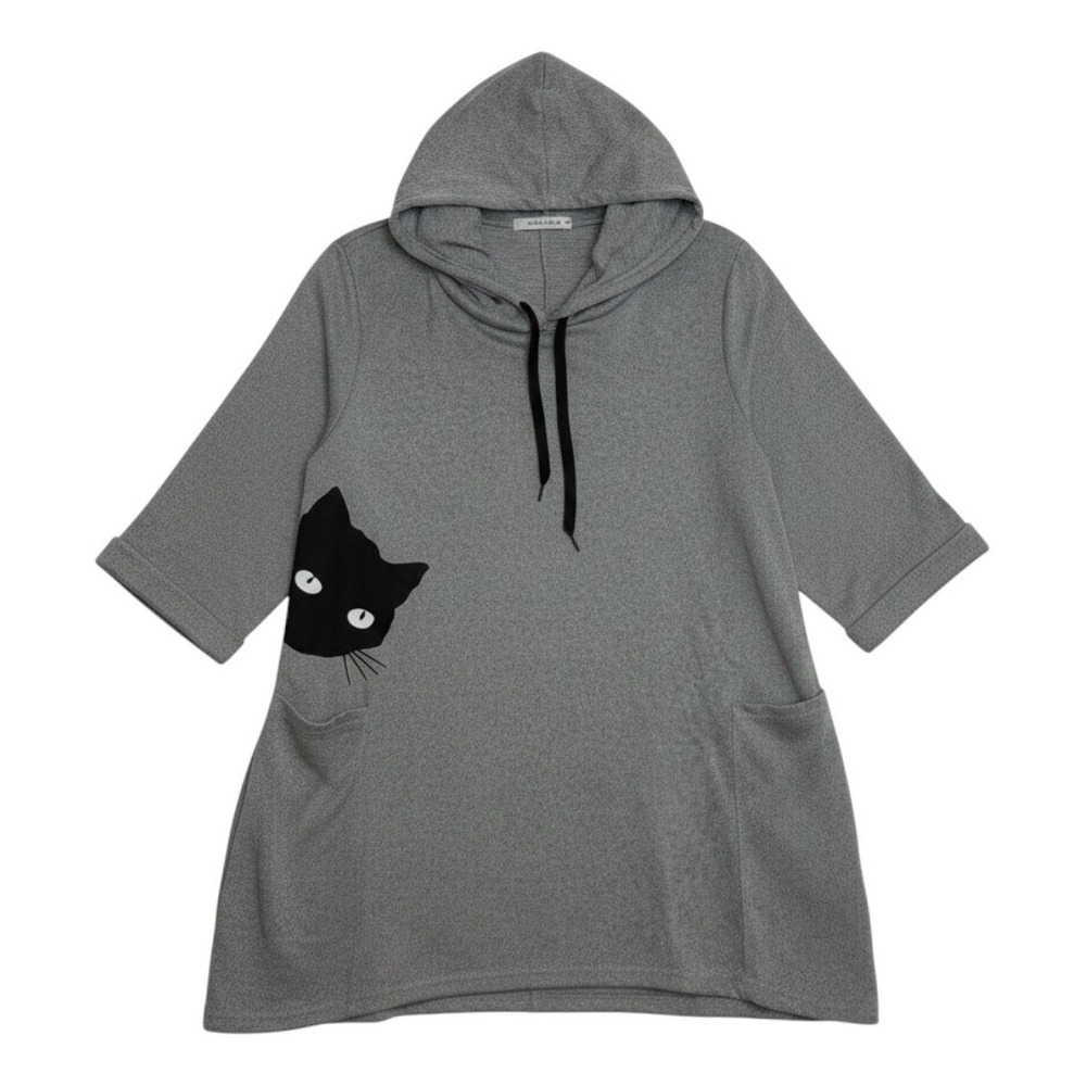 Cellabie Graphic Tunic Hoodie‎ Sz 2XL Gray Black Cat Peeking Pocket Loungewear